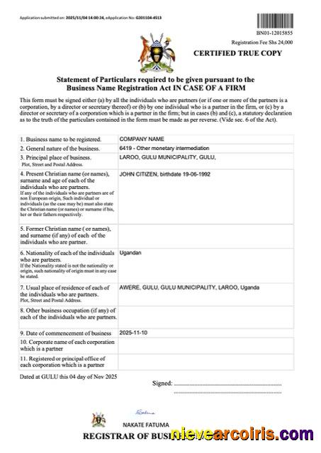 Uganda business name registration certificate, version 3